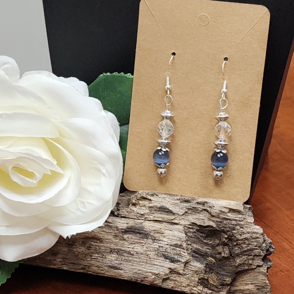 Dangle Earrings With AB Beads, Blue Cat's Eye Bead & Silver Toned Accents